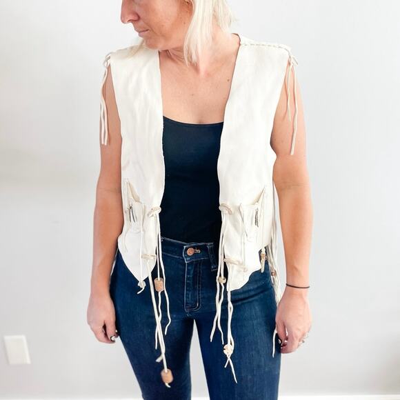 Vintage | Unbranded Handmade 100% Leather Fringe Beaded Vest Festivals Western - Picture 1 of 9